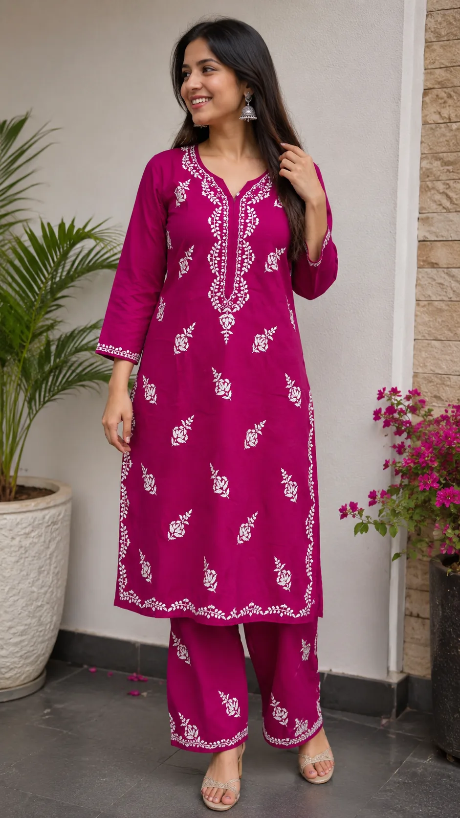 Velveta Hand-Embroidered Chikankari Rayon Co-Ord Set – Dark Pink