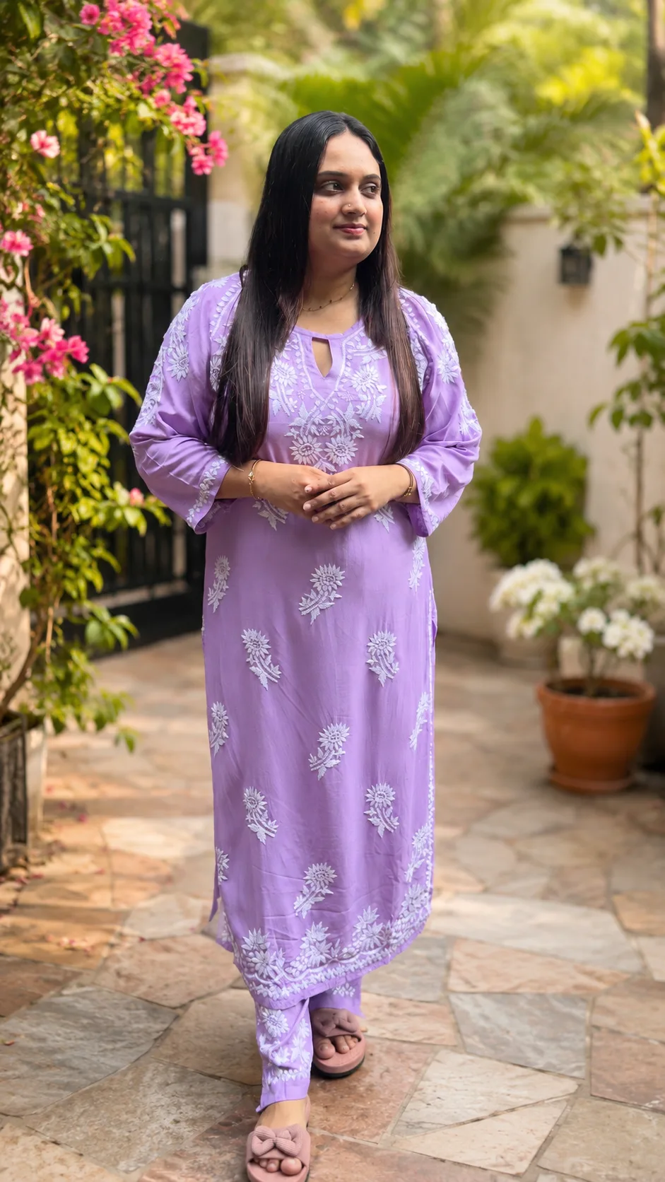 Elegant pastel Lavender Rayon Chikankari kurti Set