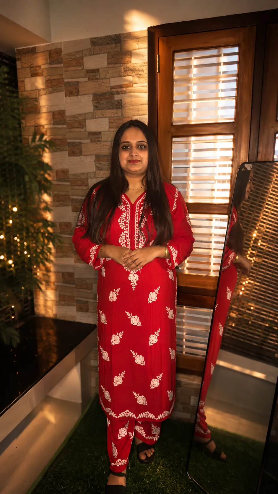 Velveta Hand-Embroidered Chikankari Rayon Co-Ord Set – Chilly Red
