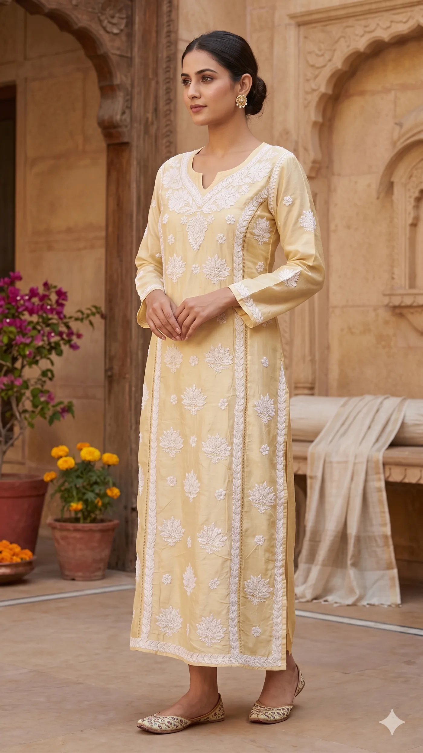 Ethereal Pastel Yellow Chanderi Chikankari Kurti