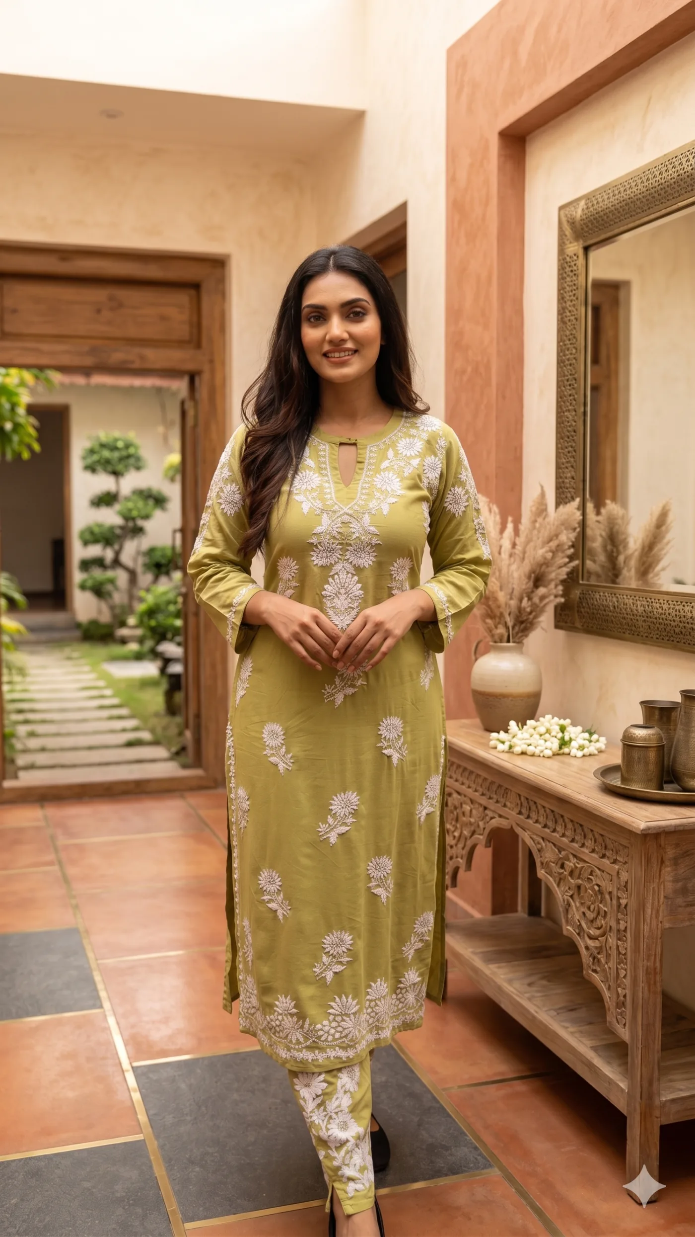 Velveta Signature: Olive Green Chikankari Co-ord Set
