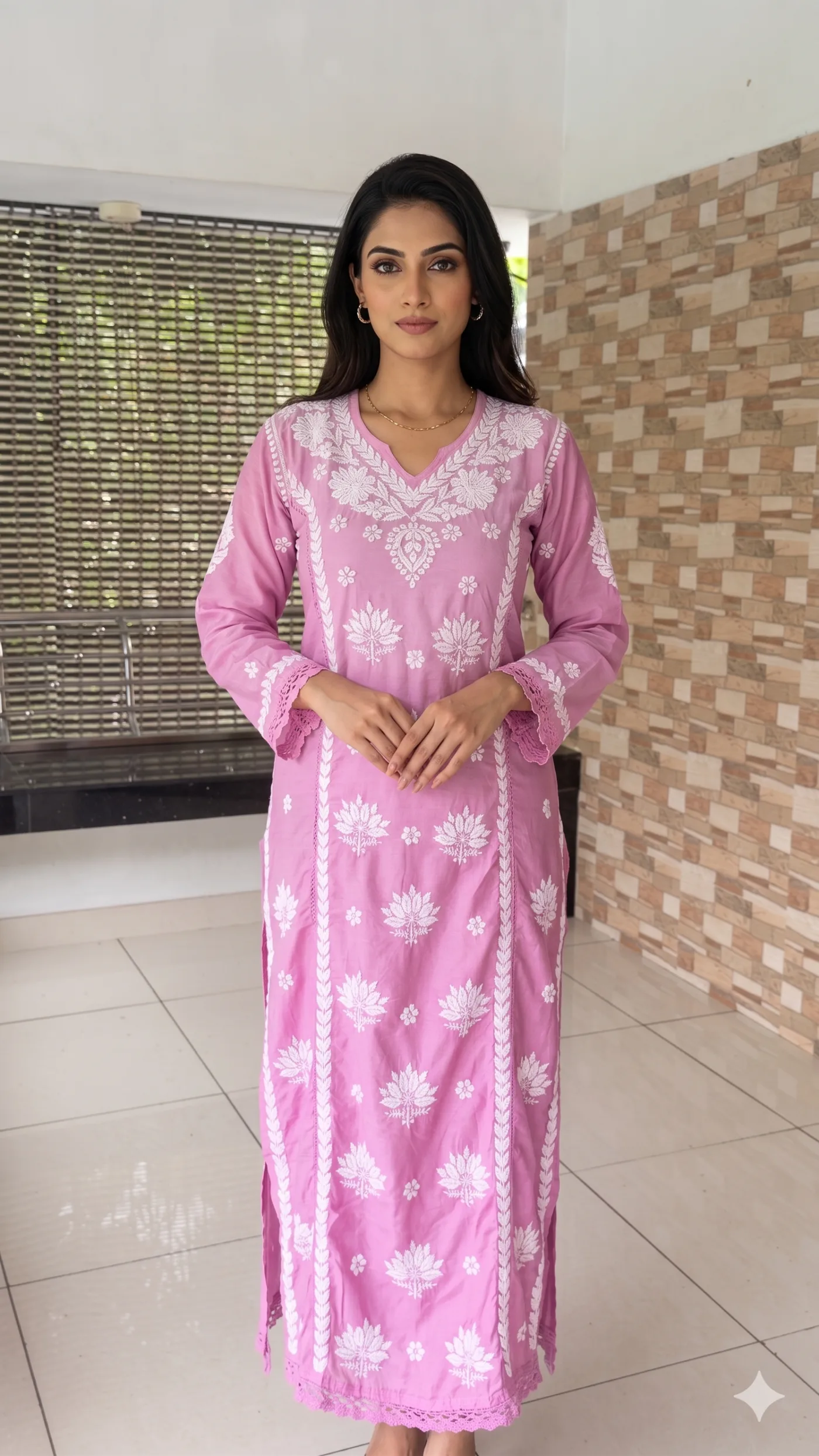 ELEGANT DUAL-TONE PINK CHANDERI CHIKANKARI KURTI (XL SIZE, 49+ INCHES)