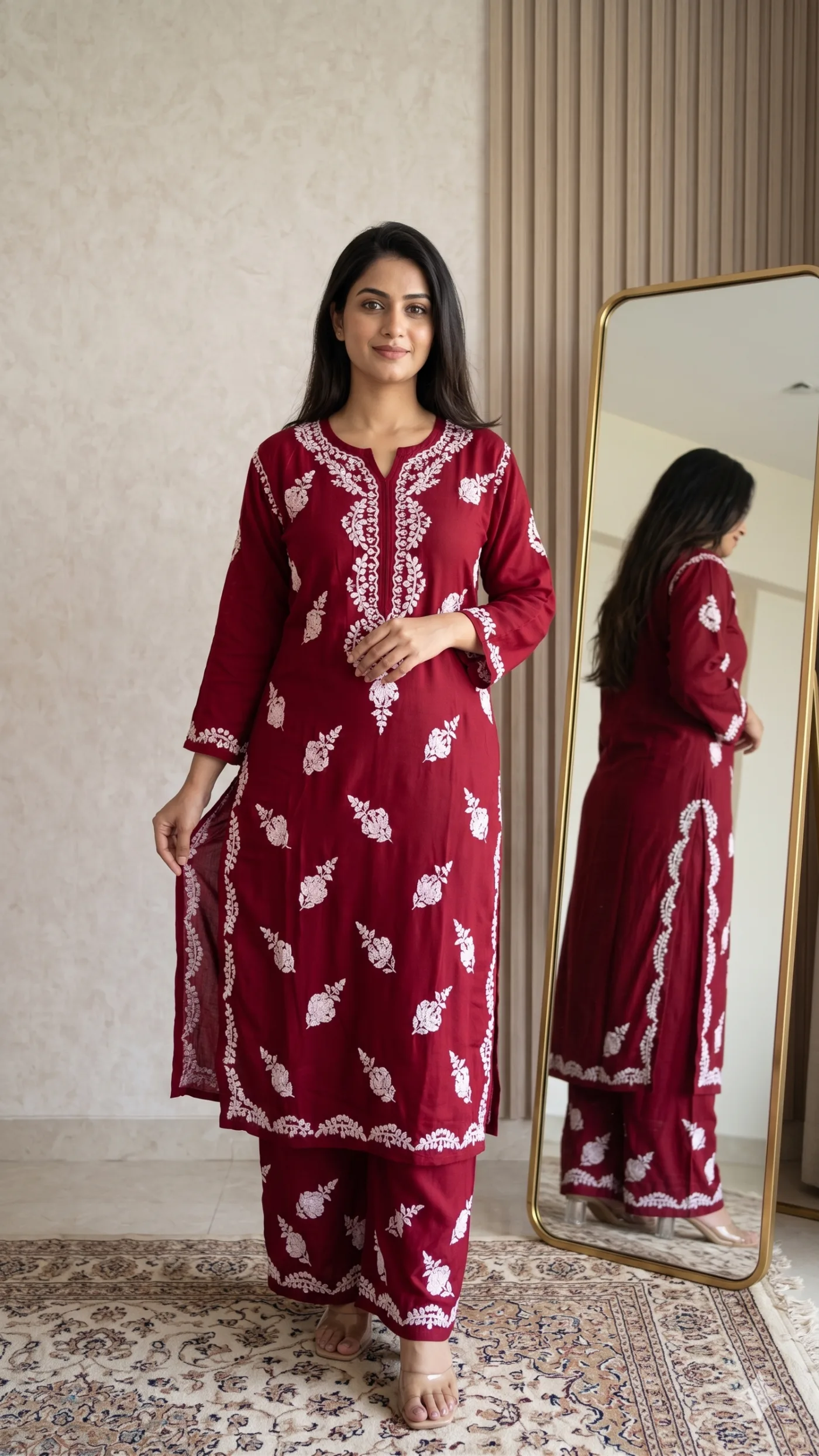 The Velveta Maroon Chikankari Co-ord Set