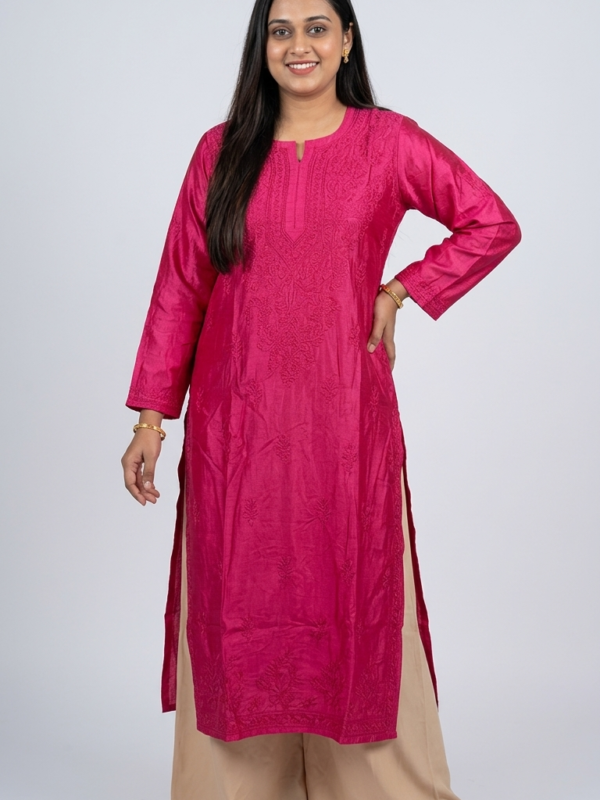 Chanderi Bhakiya Print Chikankari Kurti – Pink