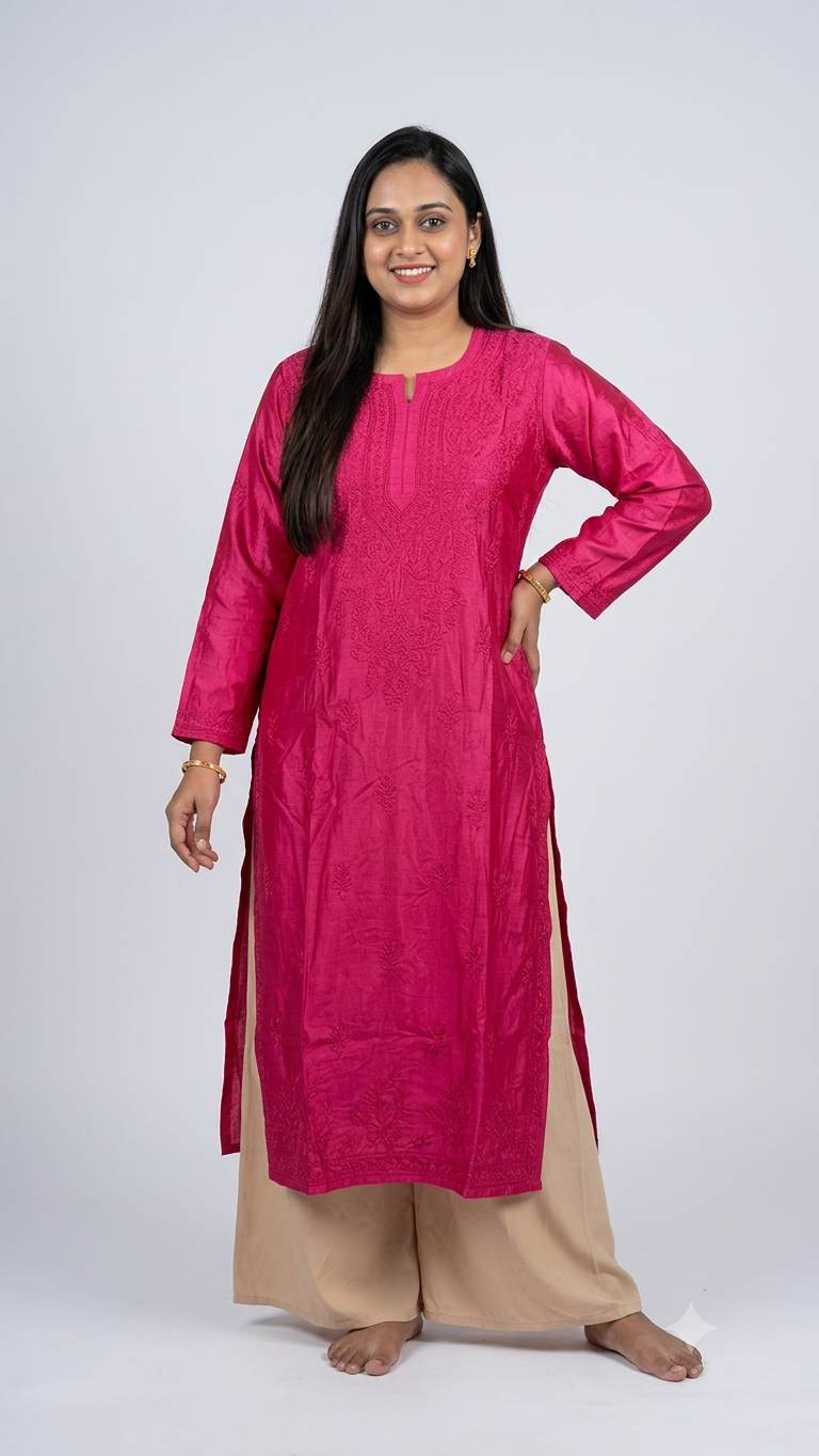 Chanderi Bhakiya Print Chikankari Kurti β Pink