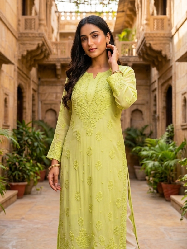 Lime Green Viscose Georgette Chikankari Kurti with Inner