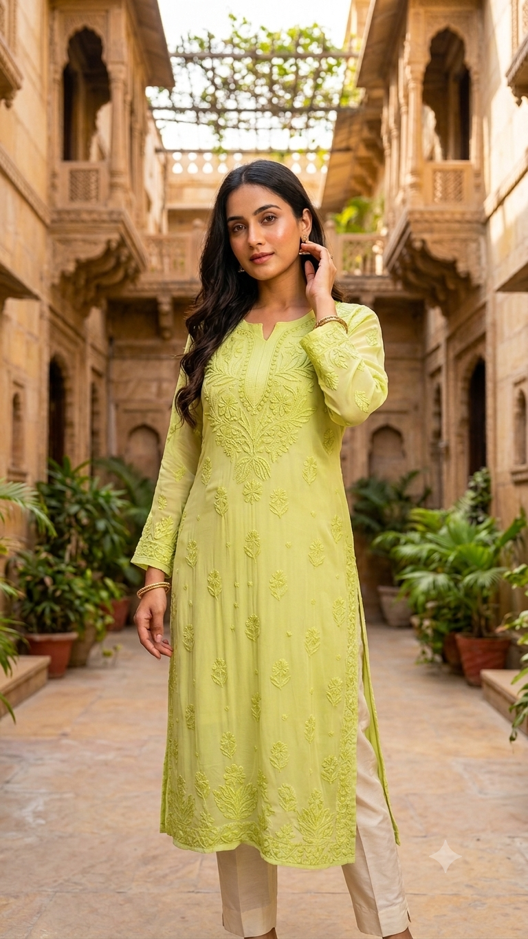 Lime Green Viscose Georgette Chikankari Kurti with Inner