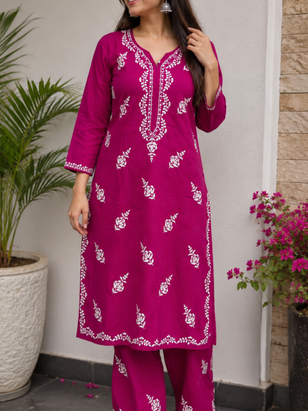 Velveta Hand-Embroidered Chikankari Rayon Co-Ord Set – Dark Pink