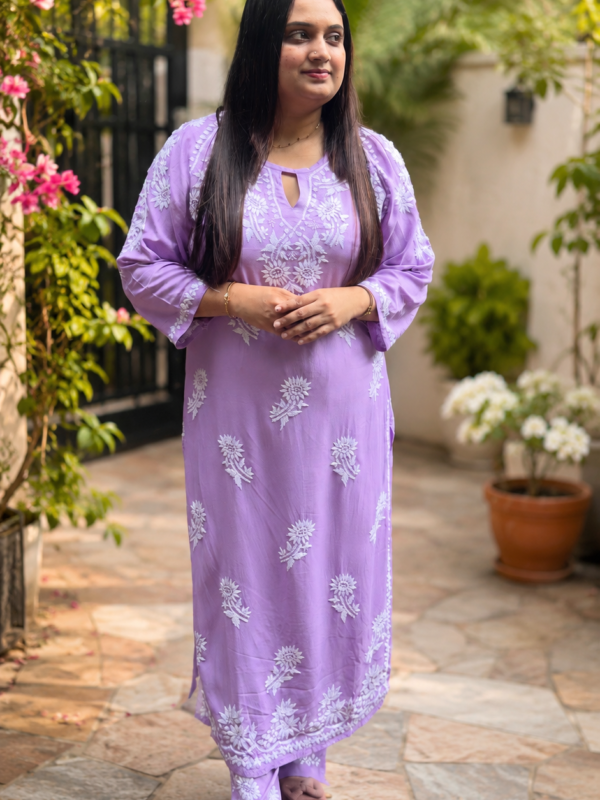 Elegant pastel Lavender Rayon Chikankari kurti Set