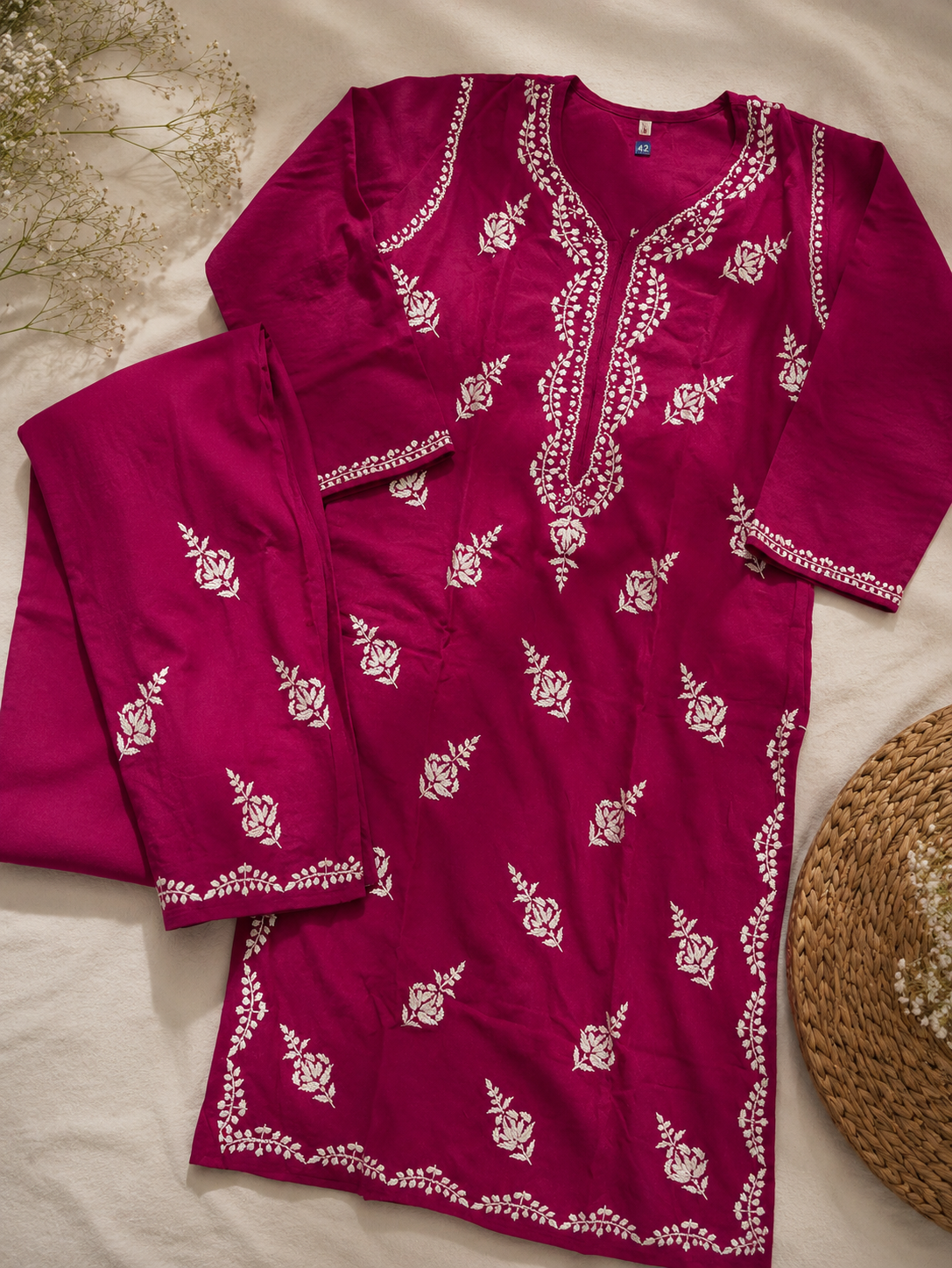 Velveta Hand-Embroidered Chikankari Rayon Co-Ord Set β Dark Pink - Image 2