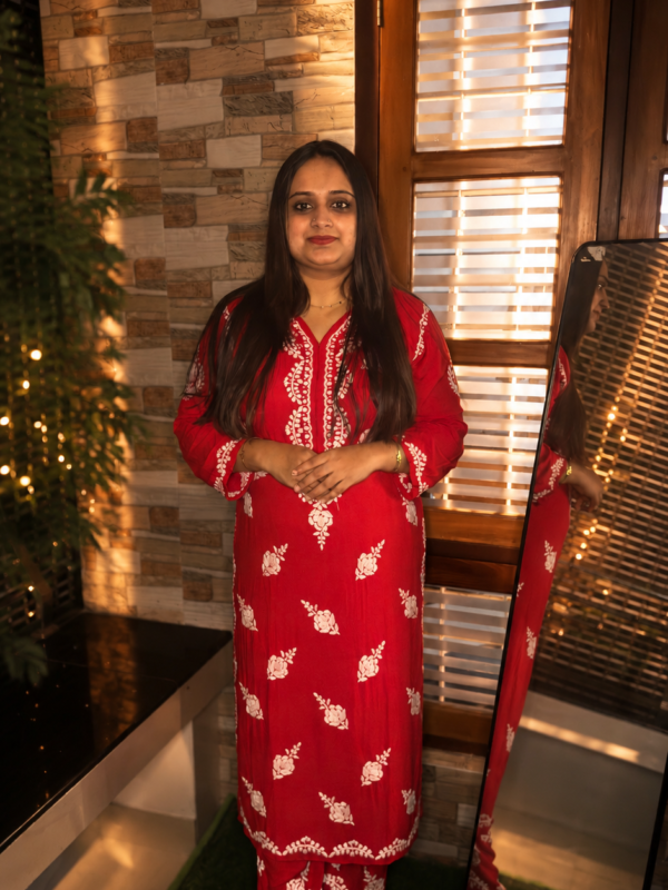 Velveta Hand-Embroidered Chikankari Rayon Co-Ord Set – Chilly Red