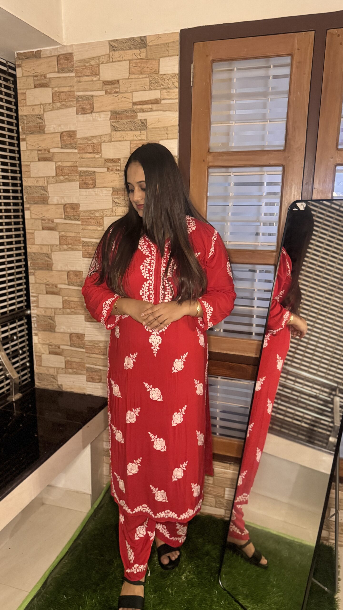 Velveta Hand-Embroidered Chikankari Rayon Co-Ord Set β Chilly Red - Image 2
