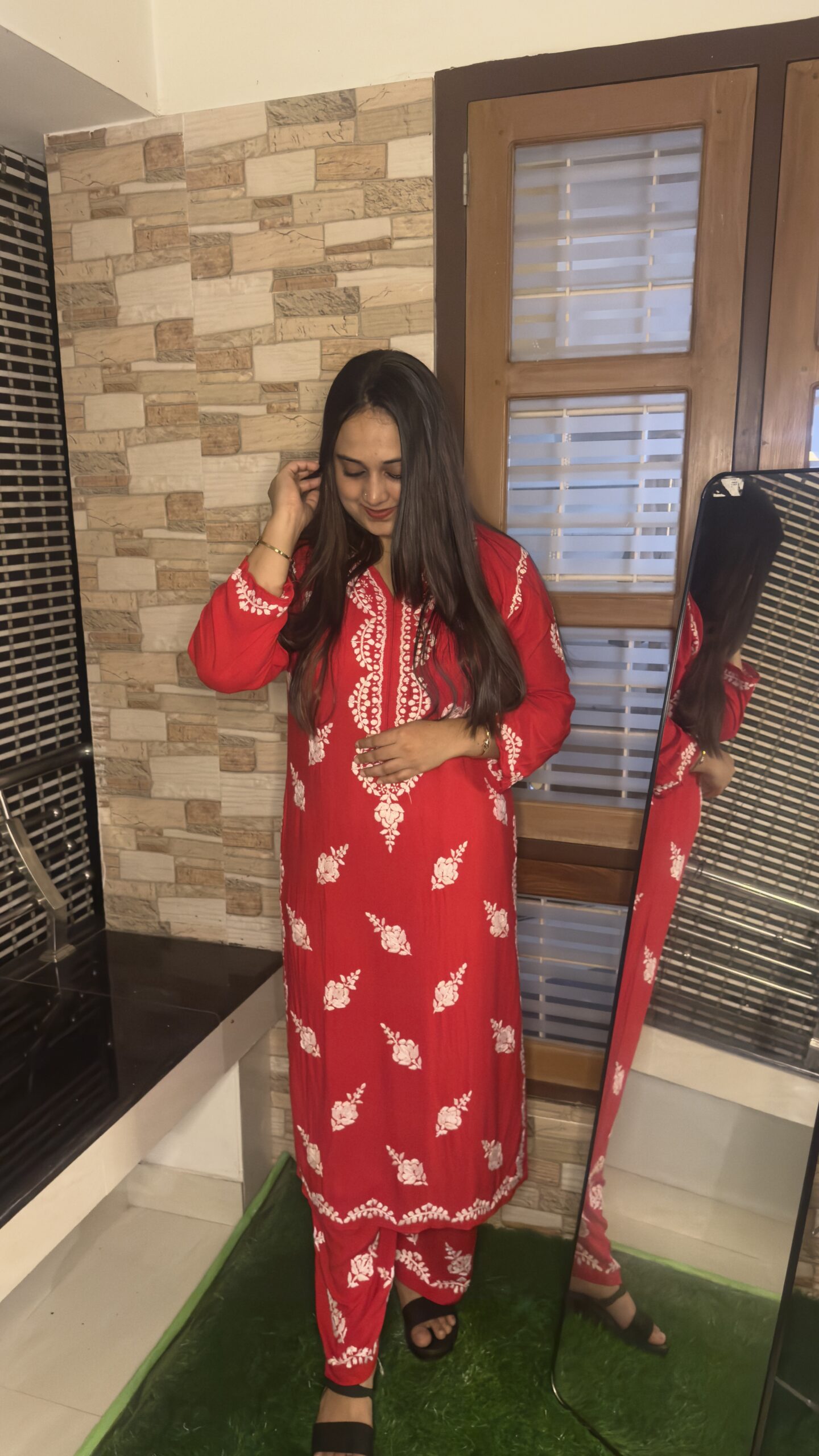 Velveta Hand-Embroidered Chikankari Rayon Co-Ord Set β Chilly Red - Image 3