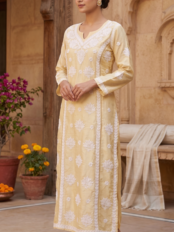 Ethereal Pastel Yellow Chanderi Chikankari Kurti