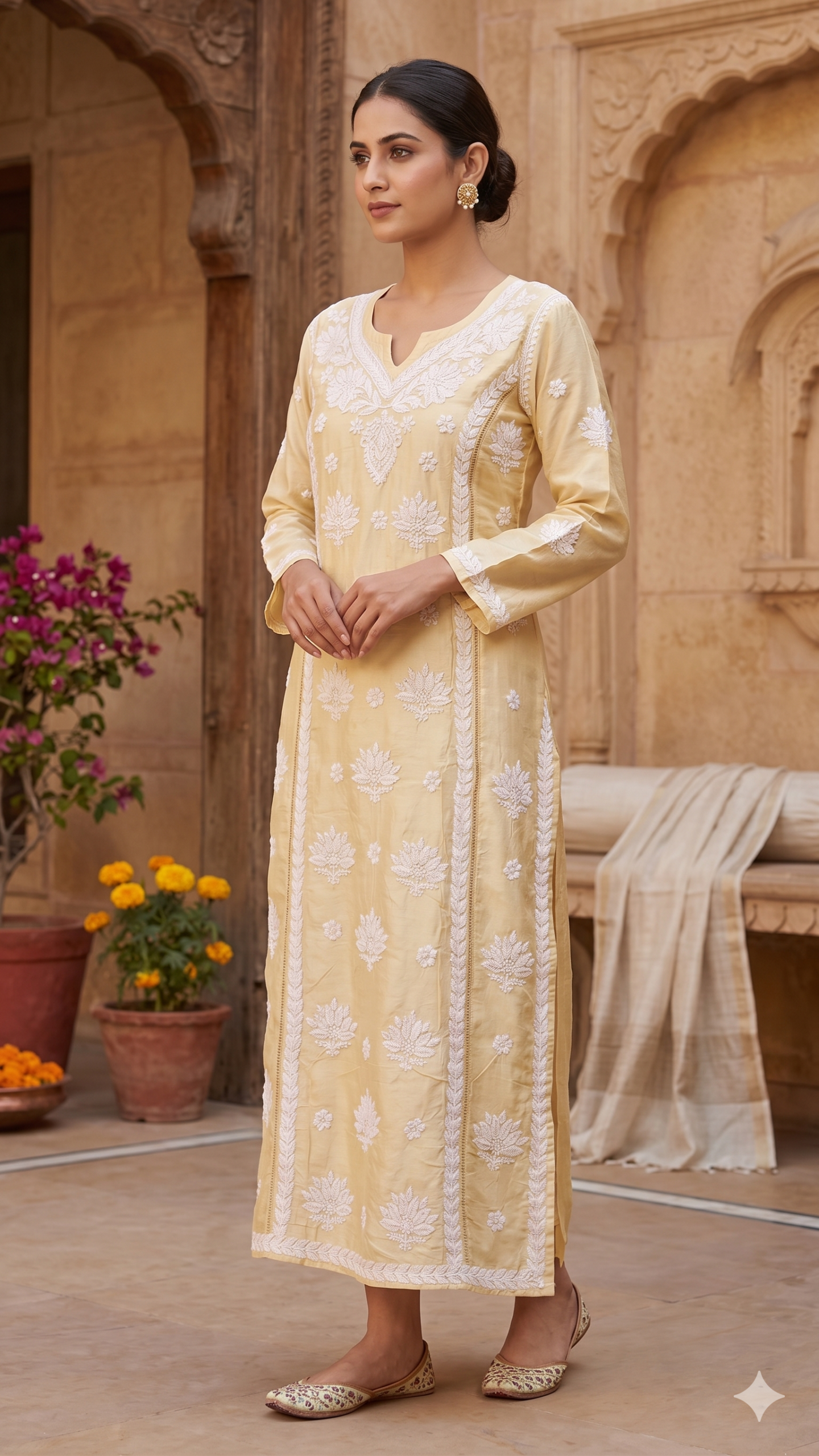 Ethereal Pastel Yellow Chanderi Chikankari Kurti