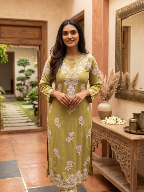 Velveta Signature: Olive Green Chikankari Co-ord Set