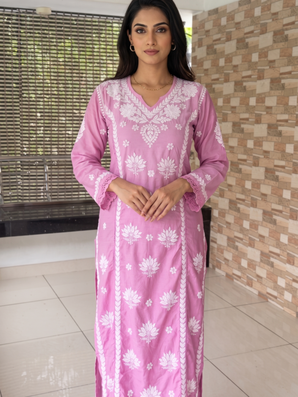 ELEGANT DUAL-TONE PINK CHANDERI CHIKANKARI KURTI (XL SIZE, 49+ INCHES)