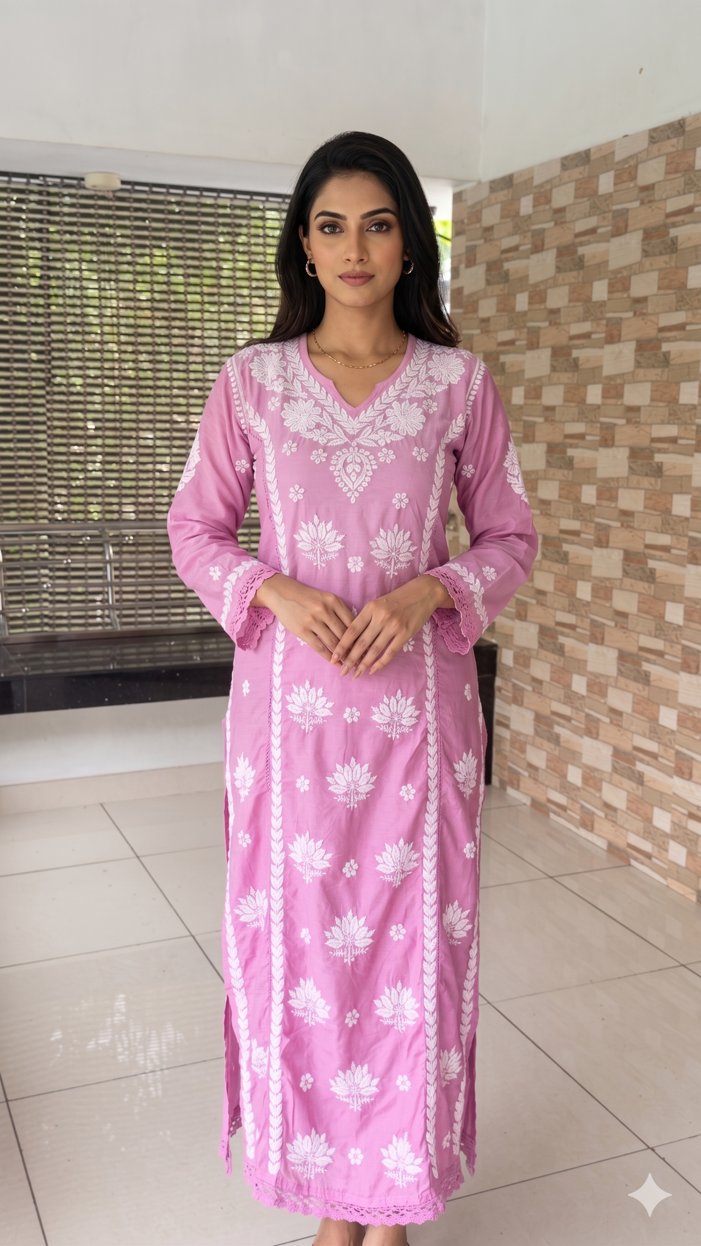 ELEGANT DUAL-TONE PINK CHANDERI CHIKANKARI KURTI (XL SIZE, 49+ INCHES)
