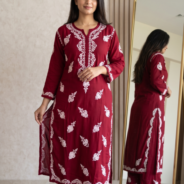 The Velveta Maroon Chikankari Co-ord Set