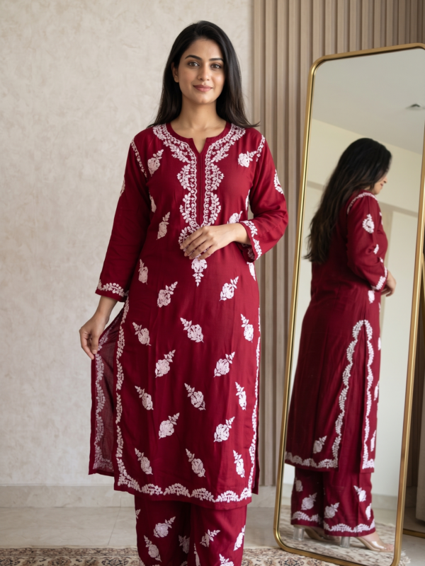 The Velveta Maroon Chikankari Co-ord Set