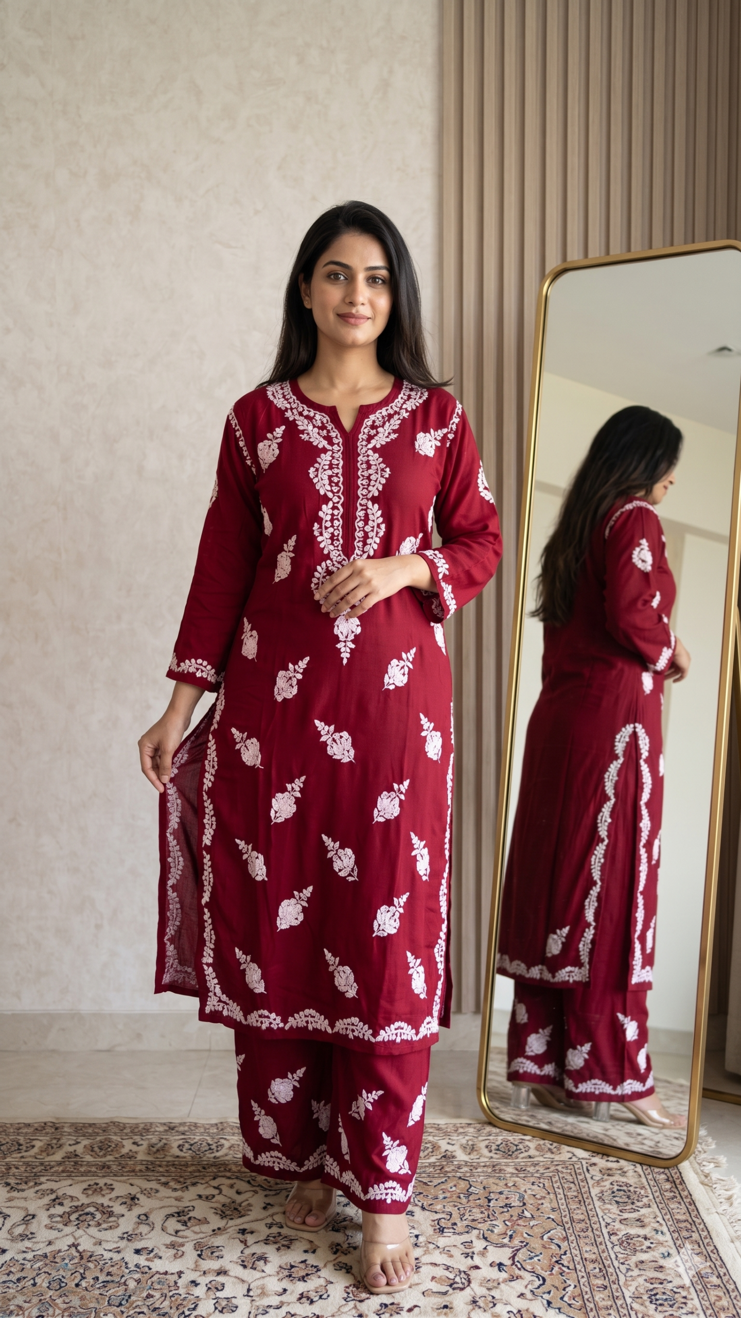 The Velveta Maroon Chikankari Co-ord Set